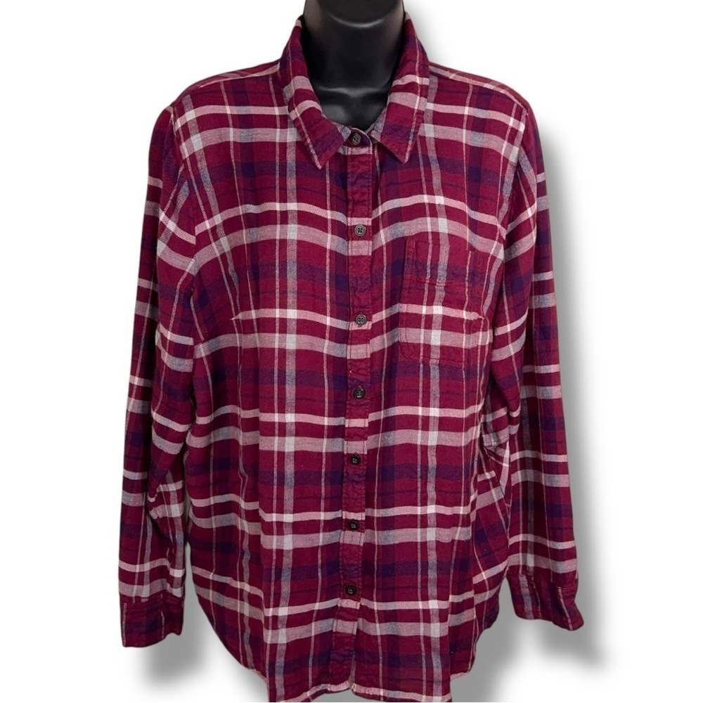 Large Lucky Brand Burgundy Red Purple Plaid Flannel Long Sleeve Button Front